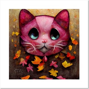 Adorable happy pink cute Kitty On The Autumn leaves cat lover gifts Posters and Art